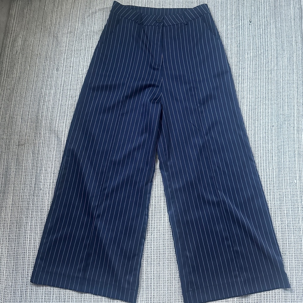 Womens Navy Pinstripe Wide-Leg Trouser Pants Size Large
